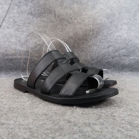 LL Bean Shoes Womens 8 Sandals Slide Leather Black Strappy Slip On Classic Flat - Picture 1 of 14